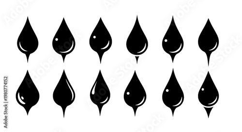 Water droplets set with shiny black teardrop shapes and reflective curves on white background featuring liquid icons, drop illustrations, vector