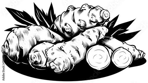 A monochrome illustration of several fresh root vegetables with leafy green sprigs