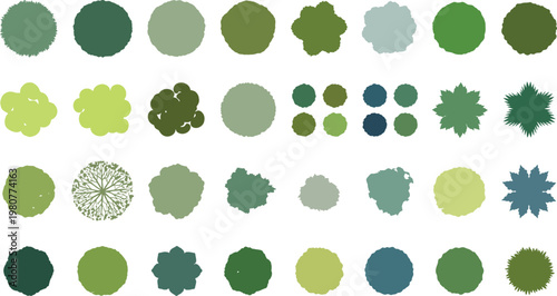 Colorful tree canopy set, top view foliage symbols for landscape architecture, garden planning and urban design projects