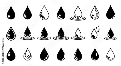 Droplets water icons set with minimal black and white shapes, splash marks, and glossy highlights on white background