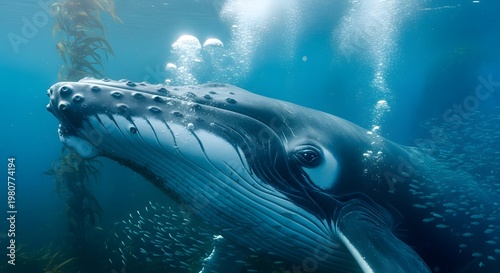 Large whale swims underwater with school of fish and seaweed nearby ocean