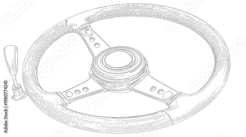 Detailed gray illustration of a vintage steering wheel and attached lever against a white background