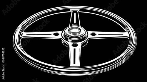 A detailed white outline of a car steering wheel against a dark background, in a vintage design