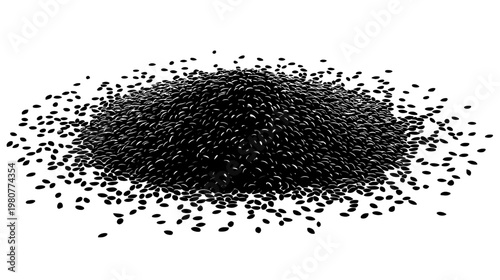 A high-contrast illustration featuring a large pile of black, oval-shaped seeds