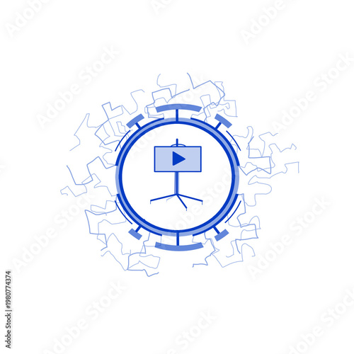 Projector screen icon in a round frame with lightning electric discharges blue color isolated on transparent background