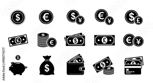 Money icons set with currency symbols and financial elements in black featuring finance, dollar, euro with yen and coins elements for bills, wallet
