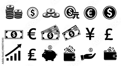 Money icons set with currency symbols and financial graphics, including coins, bills, and wallet illustrations