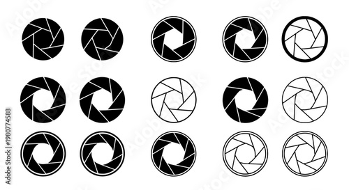 Camera shutter icons set with black and white circular designs and varying line styles and patterns.