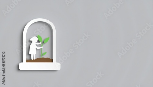 Carbon Capture Concept, Girl watering a young plant inside a white window frame on gray background