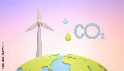 Carbon Capture Concept, Wind turbine on earth with CO2 and water drop icons symbolizing clean energy