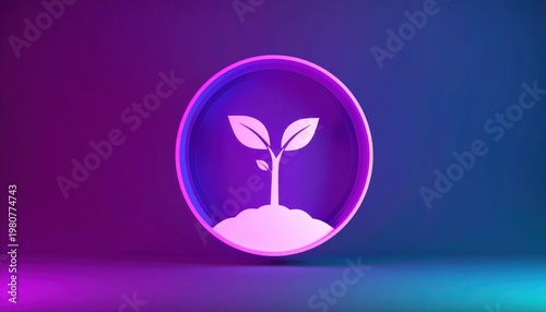 Carbon Capture Concept, Young plant sprouting inside a glowing circular frame on a gradient background.