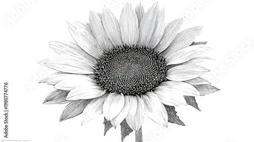 A black and white stylized illustration of a sunflower in full bloom, with fine details