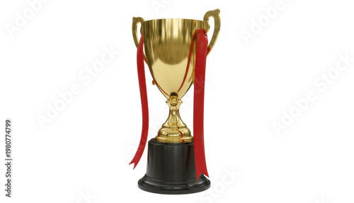 Canvastavla Golden trophy cup with red ribbons on black base, shiny metallic award for sport