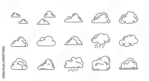 Clouds hand drawn set with various weather conditions and styles featuring rain, sunshine, storm with sky and illustration elements for vector, art