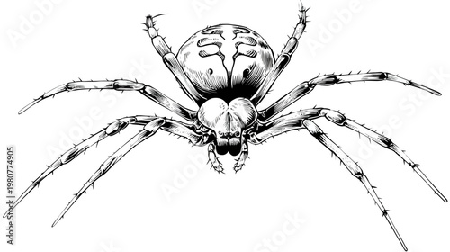 Detailed black and white ink drawing of a spider, capturing its eight legs and intricate body