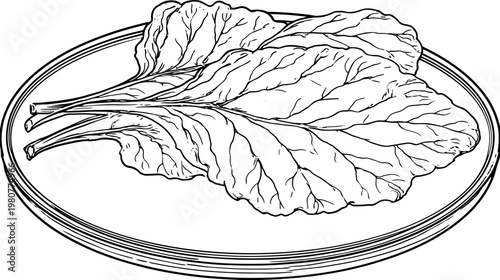 A detailed black and white illustration of leafy greens served on a plate with multiple concentric rings