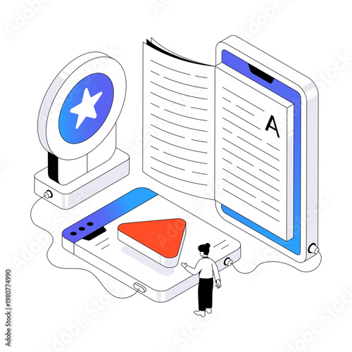 Conceptual isometric design illustration of mobile book