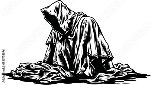 Grim figure cloaked in darkness, a stark monochrome depiction of a hooded silhouette