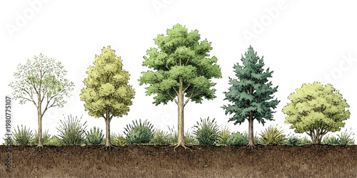 A detailed illustration displaying a diverse collection of trees and shrubs in a natural setting.