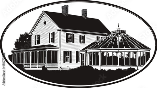 A black and white illustration of a house with a sunroom, inside a framed oval