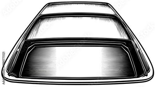 Black and white overhead perspective of vehicle's rear end with a window and horizontal lines