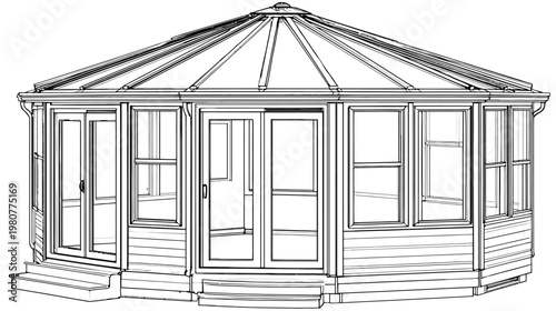 Black and white illustration of a sunroom with a glass roof and large windows