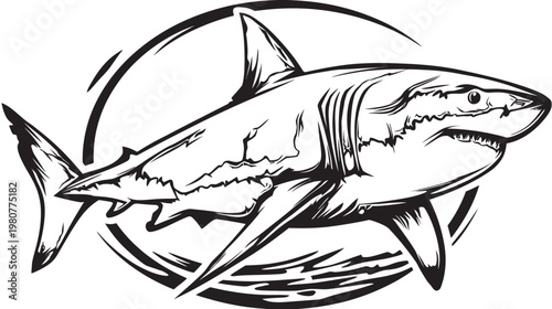 A fierce illustration of a shark breaching the surface, enclosed within an emblem