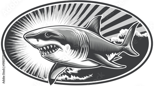 A grayscale illustration of a menacing shark, contained in an oval with stylized background elements