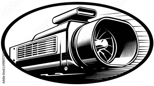 A grayscale illustration of a large engine component within an oval frame.  It includes a grill and a turbo