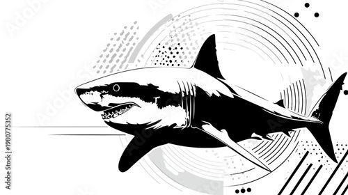 Stylized, black and white illustration of a shark with abstract design elements