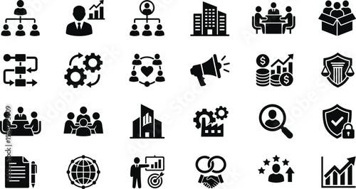 Business Management and Corporate Governance Vector Icon Set Featuring Leadership Growth Strategy Teamwork Financial Success Marketing Compliance Recruitment and Global Development