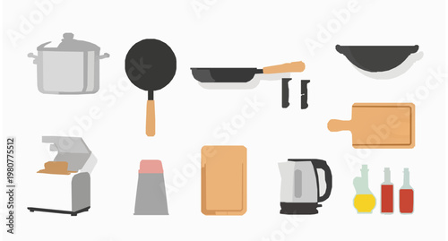 Modern kitchenware and cookware set vector illustration with utensils appliances and cooking tools isolated on white background