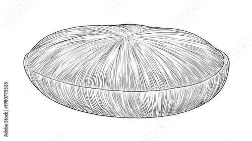 Line-art depiction of a round object, possibly food, with textured surface
