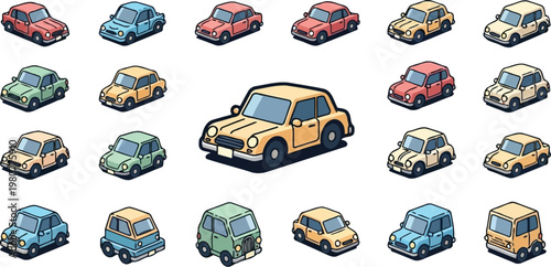 Colorful isometric cartoon car vector collection set