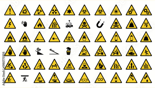 Big Set of 65 isolated hazardous symbols on yellow round triangle board warning sign
