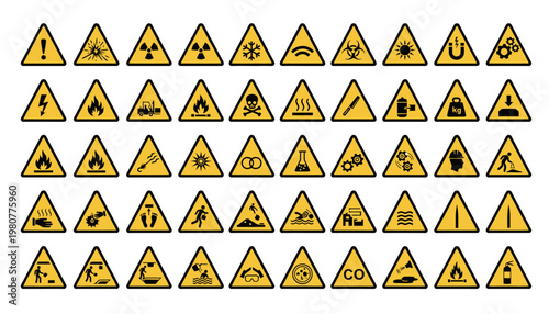Big Set of 65 isolated hazardous symbols on yellow round triangle board warning sign
