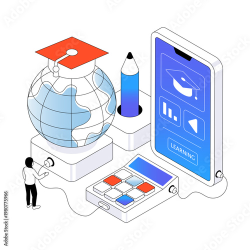 Mortarboard inside smartphone, illustration of education application 