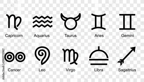 Zodiac signs black icons set vector. Isolated horoscope zodiac symbols : Capricorn, Aquarius, Pisces, Aries, Taurus, Gemini, Cancer, Leo, Virgo, Libra, Scorpio.