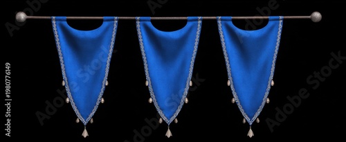 Blue renaissance pennant banners hang like royal capes on iron rods for chivalric events