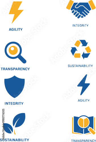 Corporate Core Values Icon Set, Business Ethics and Sustainability Vector Flat Icons