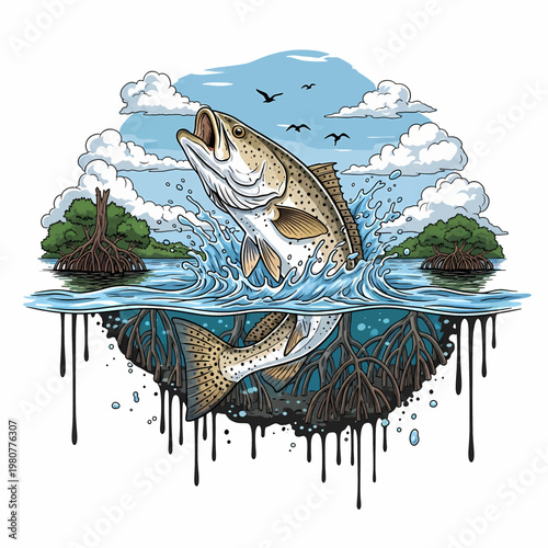 Speckled trout jumping out of water with mangrove scenery