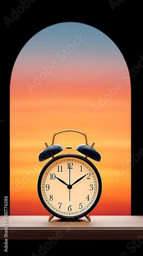 Vertical Minimalist stylized illustration of a retro alarm clock on a wooden windowsill, framed by an arched window overlooking a serene sunrise gradient. Conceptual art for time management, daily rou