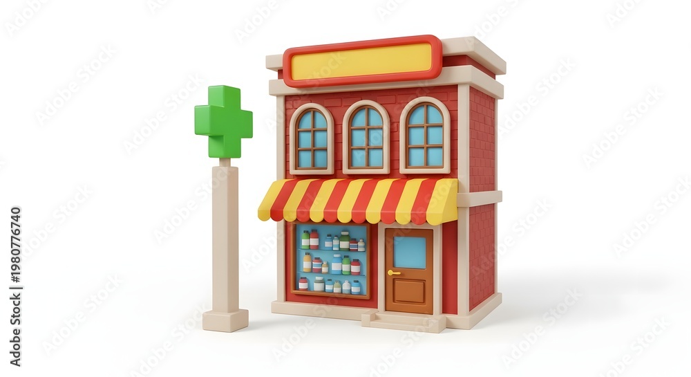 Fototapeta premium 3D miniature shop, red storefront, yellow awning, toy building