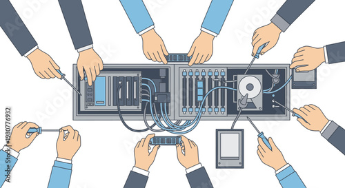 Team of IT professionals collaboratively assembling, repairing, or upgrading a computer server, symbolizing teamwork in technology and system maintenance.