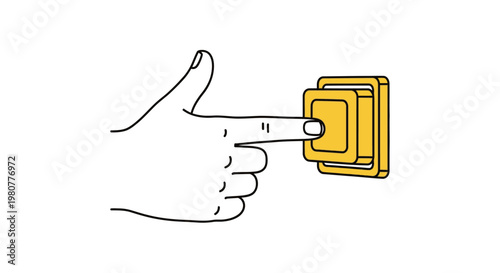Simple line art illustration: human hand finger pressing a bright yellow square button, symbolizing activation, start, or a doorbell press, isolated on white.