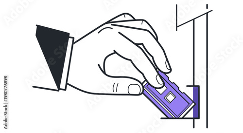 Professional hand inserting a purple keycard into a security reader, representing secure access, hotel check-in, office entry, and modern smart technology.