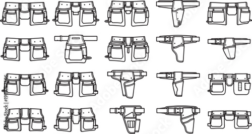 Multiple Tool Belt Assortment on a clean background. showcasing the organized layout and utilitarian design of work essentials.