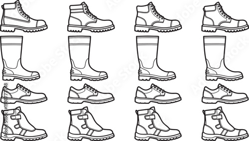 A collection of various footwear illustrations, ideal for representing different styles of shoes, boots, and practical footwear options.