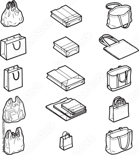 Assorted shopping bags, meticulously illustrated in a simple, graphic style, showcase a variety of bag designs for retail and carrying purposes. 
