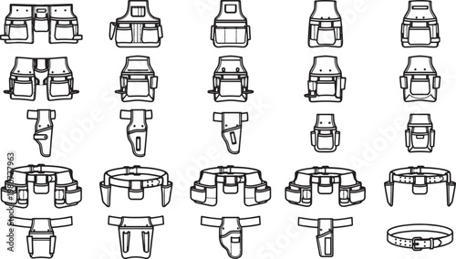 Tool belt collection assortment illustrations, featuring various designs and styles for professional use.  